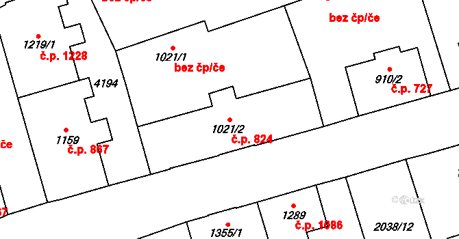 Dvůr Králové nad Labem 824 na parcele st. 1021/2 v KÚ Dvůr Králové nad Labem, Katastrální mapa
