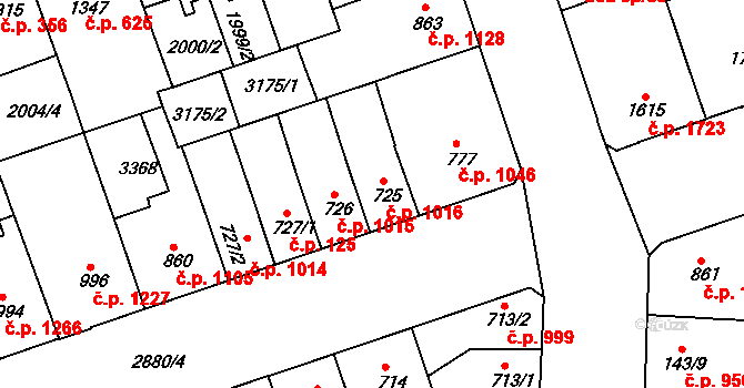 Hodonín 1016 na parcele st. 725 v KÚ Hodonín, Katastrální mapa