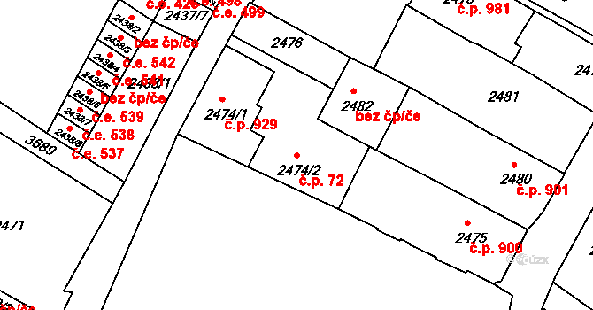 Rumburk 1 72, Rumburk na parcele st. 2474/2 v KÚ Rumburk, Katastrální mapa
