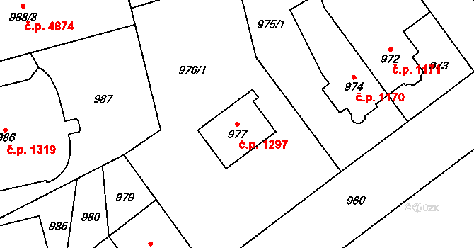 Chomutov 1297 na parcele st. 977 v KÚ Chomutov I, Katastrální mapa