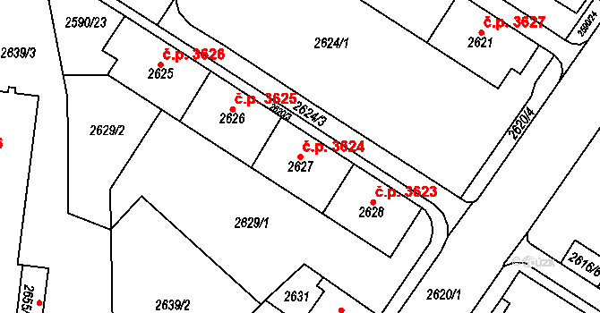 Chomutov 3624 na parcele st. 2627 v KÚ Chomutov I, Katastrální mapa