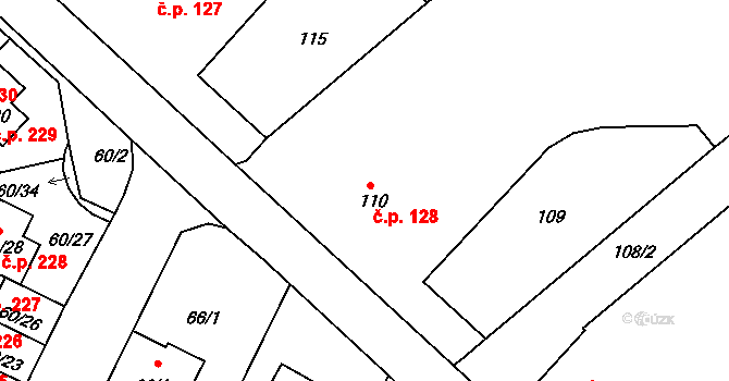 Ostrovačice 128 na parcele st. 110 v KÚ Ostrovačice, Katastrální mapa