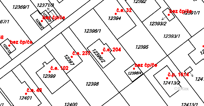 Severní Předměstí 204, Plzeň na parcele st. 12396/2 v KÚ Plzeň, Katastrální mapa