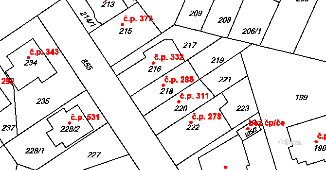 Doudlevce 285, Plzeň na parcele st. 218 v KÚ Doudlevce, Katastrální mapa