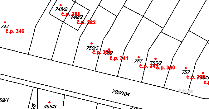 Rajhradice 341 na parcele st. 752 v KÚ Rajhradice, Katastrální mapa