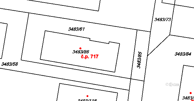 Vyškov-Předměstí 717, Vyškov na parcele st. 3483/86 v KÚ Vyškov, Katastrální mapa