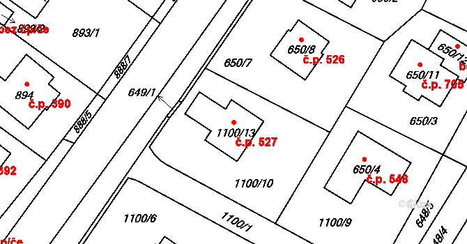 Hřebeč 527 na parcele st. 1100/13 v KÚ Hřebeč, Katastrální mapa