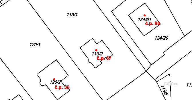 Stradov 67, Chlumec na parcele st. 119/2 v KÚ Stradov u Chabařovic, Katastrální mapa