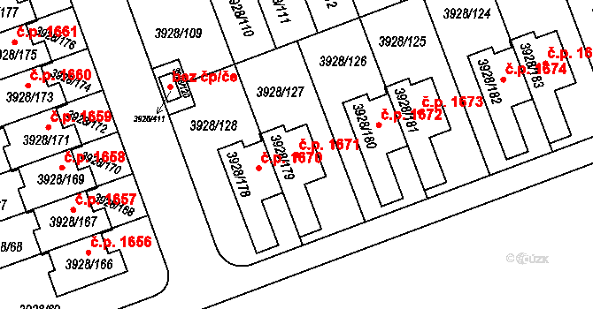 Úvaly 1671 na parcele st. 3928/179 v KÚ Úvaly u Prahy, Katastrální mapa