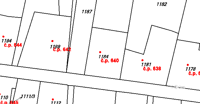 Brumov 640, Brumov-Bylnice na parcele st. 1184 v KÚ Brumov, Katastrální mapa