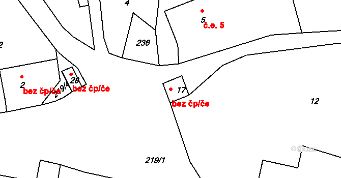 Javor 41597591 na parcele st. 17 v KÚ Loučany, Katastrální mapa