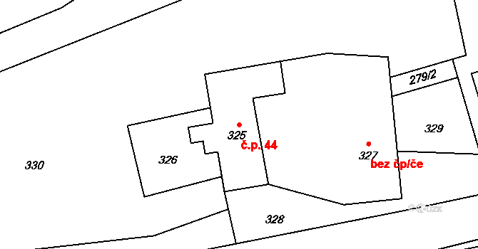 Guntramovice 44, Budišov nad Budišovkou na parcele st. 325 v KÚ Guntramovice, Katastrální mapa