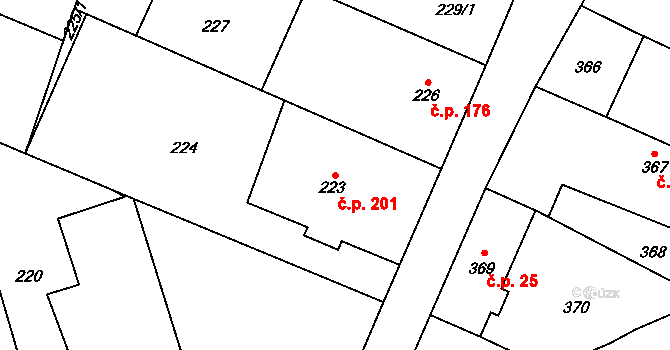 Chlebičov 201 na parcele st. 223 v KÚ Chlebičov, Katastrální mapa