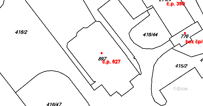 Kryry 627 na parcele st. 897 v KÚ Kryry, Katastrální mapa