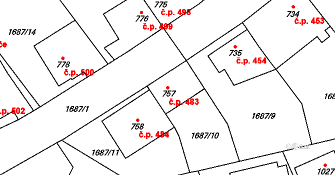 Kouřim 483 na parcele st. 757 v KÚ Kouřim, Katastrální mapa