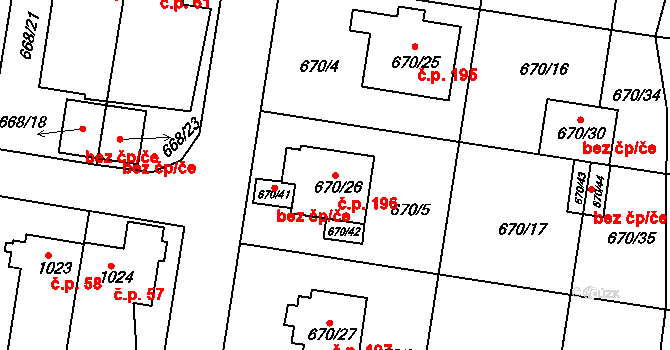Poběžovice 196 na parcele st. 670/26 v KÚ Poběžovice u Domažlic, Katastrální mapa