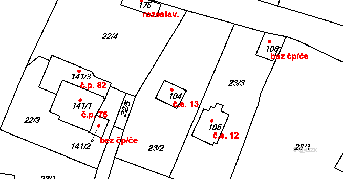 Plískov 13 na parcele st. 104 v KÚ Plískov, Katastrální mapa