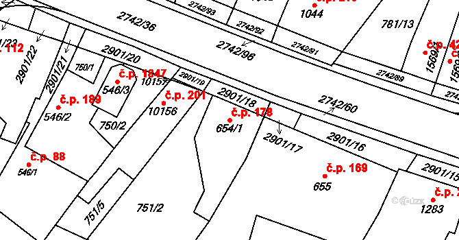 Bílé Předměstí 178, Pardubice na parcele st. 654/1 v KÚ Pardubice, Katastrální mapa