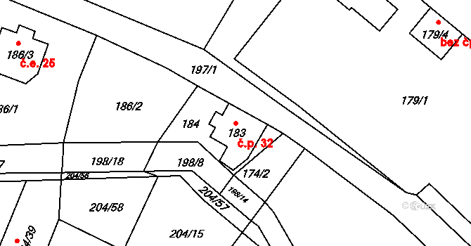 Provodín 32 na parcele st. 183 v KÚ Provodín, Katastrální mapa