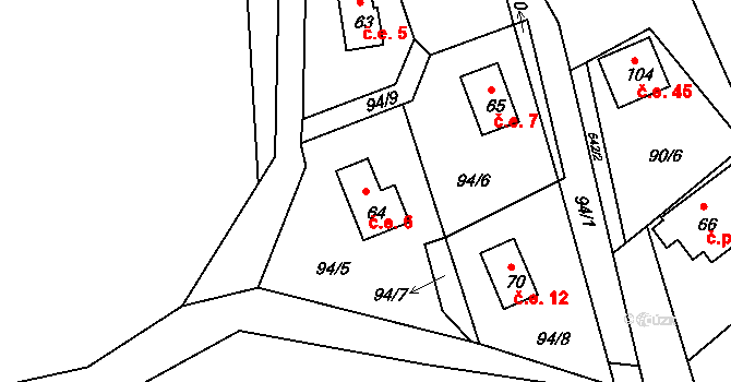 Pivonín 6, Zábřeh na parcele st. 64 v KÚ Pivonín, Katastrální mapa