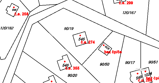 Sýkořice 274 na parcele st. 545 v KÚ Sýkořice, Katastrální mapa