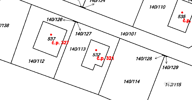 Příchovice 321 na parcele st. 532 v KÚ Příchovice u Přeštic, Katastrální mapa