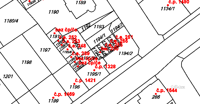 Chomutov 250 na parcele st. 1194/6 v KÚ Chomutov I, Katastrální mapa