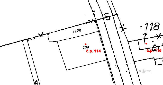 Ves Touškov 114 na parcele st. 120 v KÚ Ves Touškov, Katastrální mapa