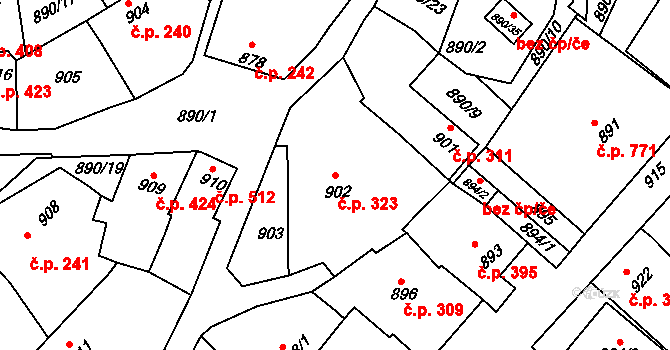 Klobouky u Brna 323 na parcele st. 902 v KÚ Klobouky u Brna, Katastrální mapa