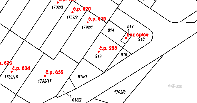 Lednice 223 na parcele st. 913 v KÚ Lednice na Moravě, Katastrální mapa