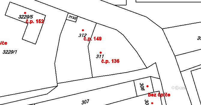 Loděnice 136 na parcele st. 311 v KÚ Loděnice u Moravského Krumlova, Katastrální mapa
