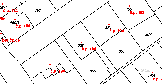Přerov IV-Kozlovice 195, Přerov na parcele st. 362 v KÚ Kozlovice u Přerova, Katastrální mapa