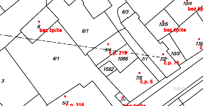 Pchery 219 na parcele st. 7/4 v KÚ Pchery, Katastrální mapa
