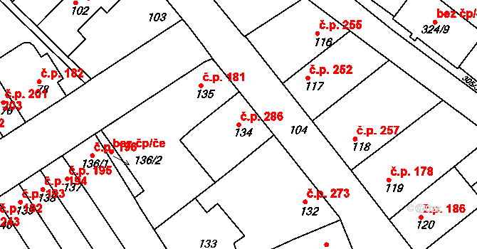 Rousínov 286 na parcele st. 134 v KÚ Rousínov u Vyškova, Katastrální mapa