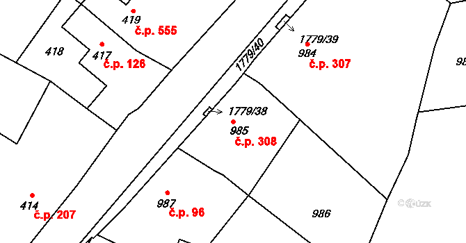 Moravský Beroun 308 na parcele st. 985 v KÚ Moravský Beroun, Katastrální mapa
