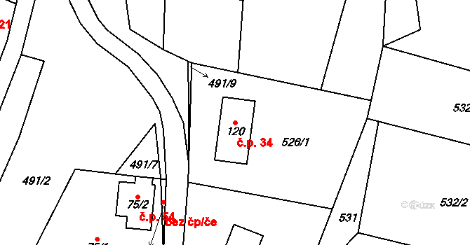 Roudný 34, Karlovice na parcele st. 120 v KÚ Karlovice, Katastrální mapa