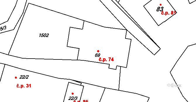 Lhota u Stříbra 74, Stříbro na parcele st. 69 v KÚ Lhota u Stříbra, Katastrální mapa