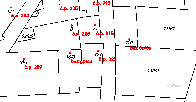 Vrbice 322, Mšené-lázně na parcele st. 9/3 v KÚ Vrbice u Mšeného-lázní, Katastrální mapa