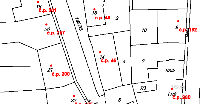 Libáň 45 na parcele st. 14 v KÚ Libáň, Katastrální mapa