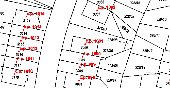 Valdické Předměstí 1001, Jičín na parcele st. 3088 v KÚ Jičín, Katastrální mapa