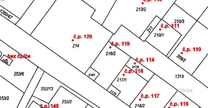 Myslibořice 119 na parcele st. 216/2 v KÚ Myslibořice, Katastrální mapa