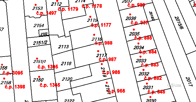 Líšeň 987, Brno na parcele st. 2117 v KÚ Líšeň, Katastrální mapa