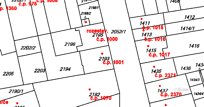 Královo Pole 1001, Brno na parcele st. 2193 v KÚ Královo Pole, Katastrální mapa