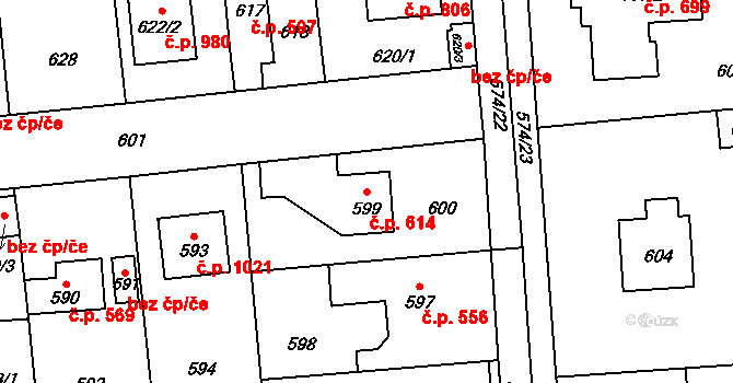 Šeberov 614, Praha na parcele st. 599 v KÚ Šeberov, Katastrální mapa