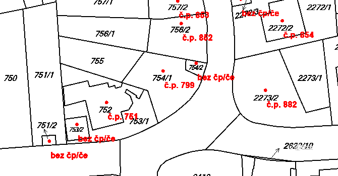 Radotín 799, Praha na parcele st. 754/1 v KÚ Radotín, Katastrální mapa