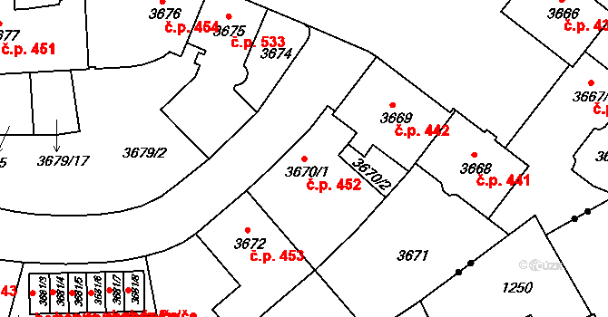 Liberec IV-Perštýn 452, Liberec na parcele st. 3670/1 v KÚ Liberec, Katastrální mapa