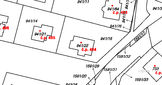 Měšice 494, Tábor na parcele st. 941/22 v KÚ Měšice u Tábora, Katastrální mapa