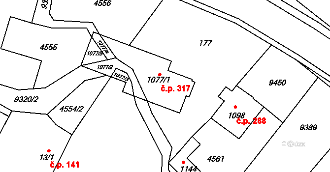 Starý Hrozenkov 317 na parcele st. 1077/1 v KÚ Starý Hrozenkov, Katastrální mapa
