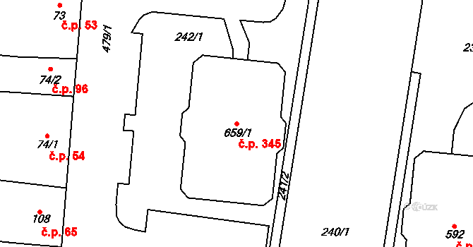Krasice 345, Prostějov na parcele st. 659/1 v KÚ Krasice, Katastrální mapa