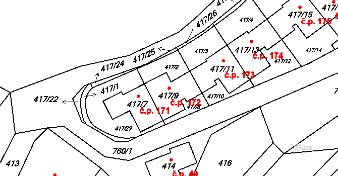Přední Kopanina 172, Praha na parcele st. 417/9 v KÚ Přední Kopanina, Katastrální mapa